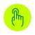 A lime green circle with an forest green icon of a hand with a finger outstretched, touching a download button