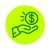 A lime green circle with an forest green icon of an open hand, holding a coin with a dollar sign on it